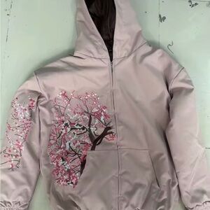 Light Pink Floral Hooded Jacket - Women's Zip Front Coat